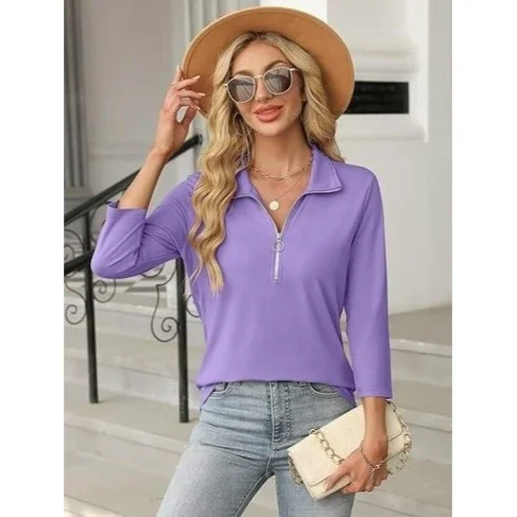 TICTICMISS Women's 3/4 Sleeve Tops XL Collared V Neck 1/4 Zip Polo Shirt Purple - Picture 2 of 7